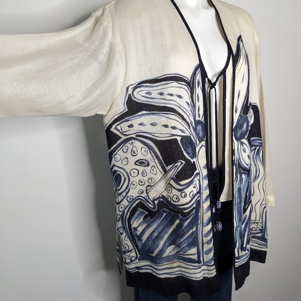 Vintage Dorothy Schoelen Platinum white blue tan tie closure cardigan jacket L - Picture 5 of 12